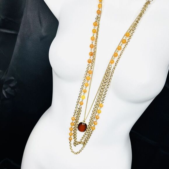 Long Multi Strand Layered Gold Tone wine Red Cabochon Necklace Amber Beads 4181 - Picture 3 of 9